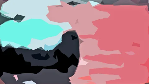 Abstrakte Komposition aus scharfkantigen, flachen Farbflächen in Türkis, Hellblau, Rosa, Korallrot und Anthrazit, dunkle Zonen links unten.