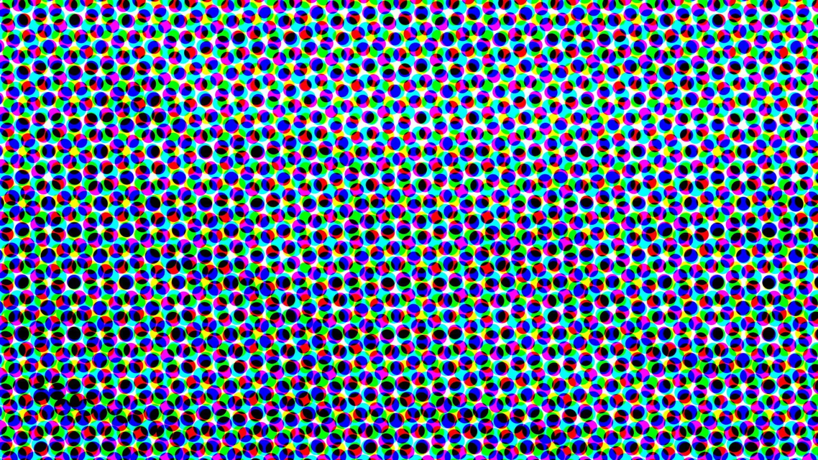 Dichtes, versetztes Raster aus kleinen farbigen Punkten in Rot, Blau, Magenta und Schwarz vor einem grellen Hintergrund aus Grün und Cyan.