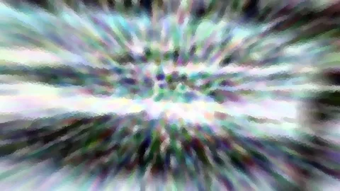 Abstrakte Komposition aus radial angeordneten Schlieren in Grün, Violett und Weiß, mosaikartig gepixelt.
