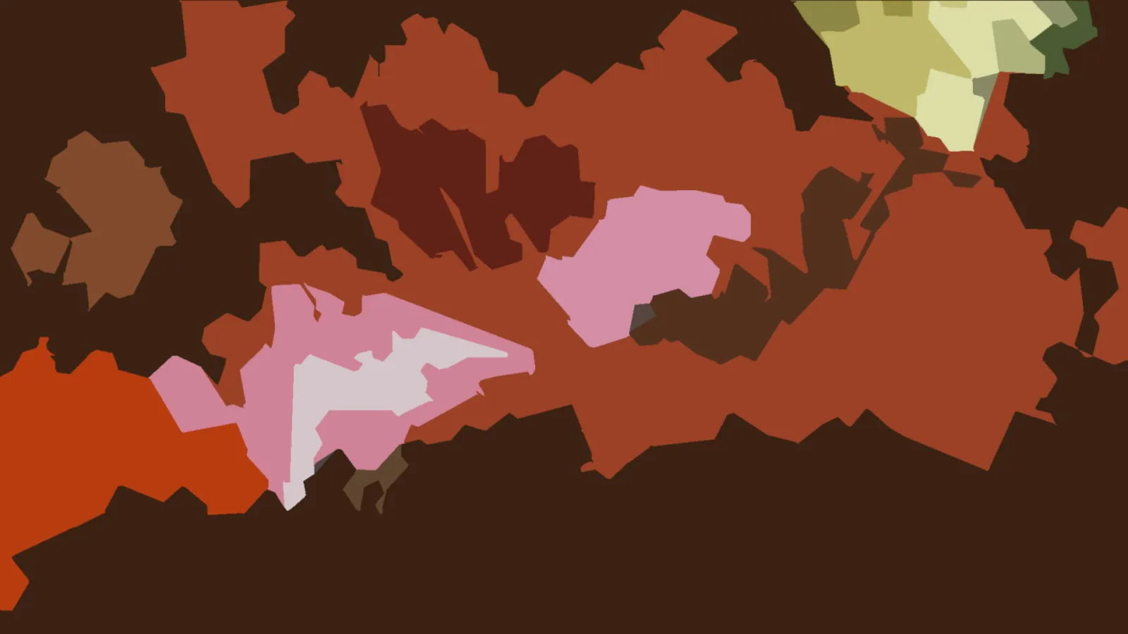 Abstrakte Komposition aus flachen, unregelmäßigen Formen in Rostrot, Rosa, Ocker und Olivgrün auf dunkelbraunem Grund.