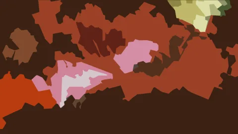 Abstrakte Komposition aus flachen, unregelmäßigen Formen in Rostrot, Rosa, Ocker und Olivgrün auf dunkelbraunem Grund.