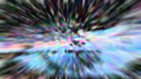 Abstraktes Bild mit strahlenförmig von der Mitte ausgehenden Streifen in Blau, Violett, Rosa und Grün, die verschwommen und mosaikartig wirken.