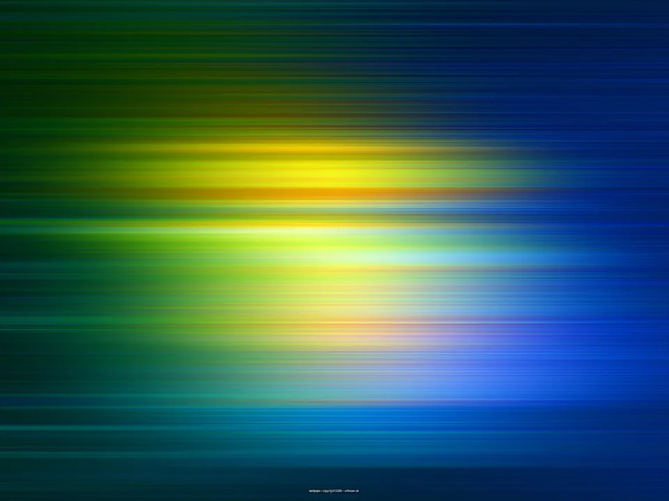 Abstrakte Komposition aus horizontal verwischten Linien in Grün, Gelb, Hellblau und Dunkelblau, mit hellem Lichtband in der Bildmitte.