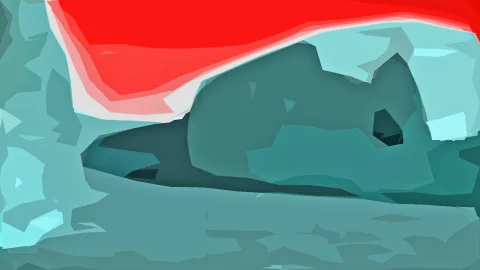 Abstrakte Komposition aus kantigen Flächen: oben ein leuchtend rotes Feld, sonst Türkis und Petrol, in der Mitte eine dunkle, liegende Form.