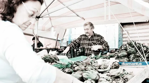 Zwei Marktverkäufer hinter einem Stand mit Artischocken in Kisten, im Vordergrund eine Frau mit Brille, im Hintergrund ein Mann im karierten Hemd unter einer gestreiften Markise.
