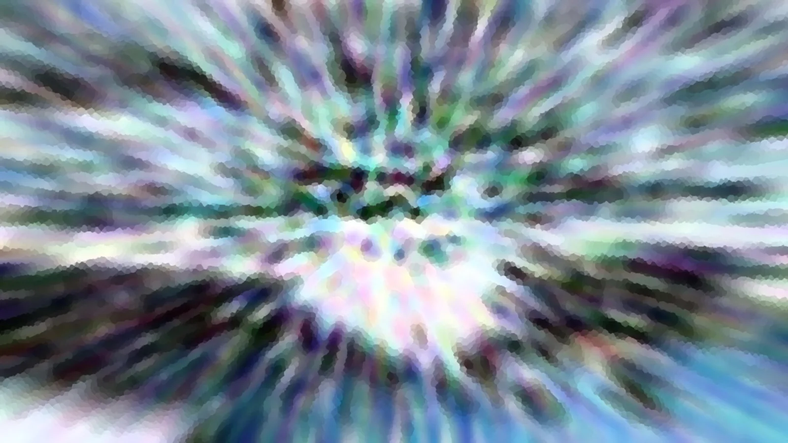 Abstrakte Komposition aus radial von einem hellen Zentrum ausstrahlenden, verwischten Streifen in Blau, Grün, Violett und Weiß.