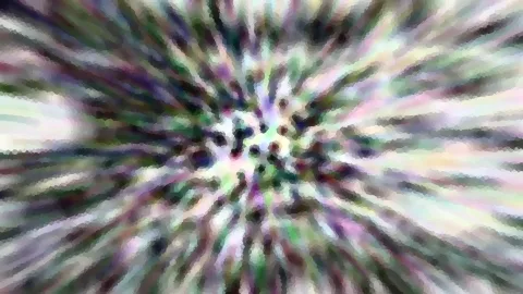 Abstraktes Bild mit radial von einem Zentrum ausgehenden Streifen in Violett, Grün und Weiß, grob gepixelt wirkend.