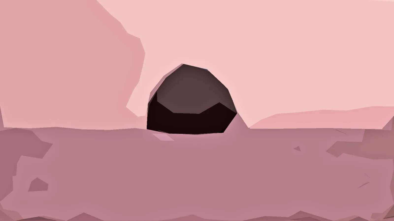 Digitale Low-Poly-Landschaft in Rosatönen mit einem dunklen, halbrunden Felsen in der Bildmitte vor einem hellen Himmel.
