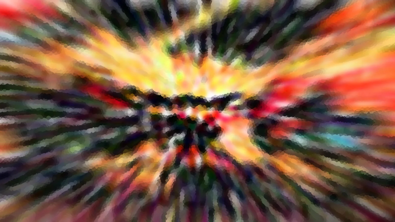 Abstrakte Komposition aus radial von der Mitte nach außen laufenden Streifen in Rot, Gelb, Orange und dunklem Grün, grob gerastert wie ein Mosaik.