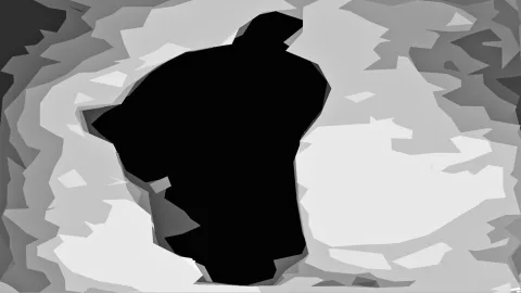 Schwarze menschliche Silhouette vor einem grauen, kantigen Muster aus Flächen in verschiedenen Helligkeitsstufen.