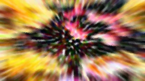 Abstraktes Bild mit radial verwischten Farbstreifen in Gelb, Pink und Grün, die von einem dunklen, fleckigen Zentrum ausgehen.