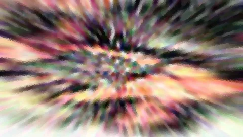 Abstrakte Komposition aus bunten Farbstrahlen, die radial von einem hellen Zentrum nach außen laufen, mit mosaikartiger Pixelstruktur.