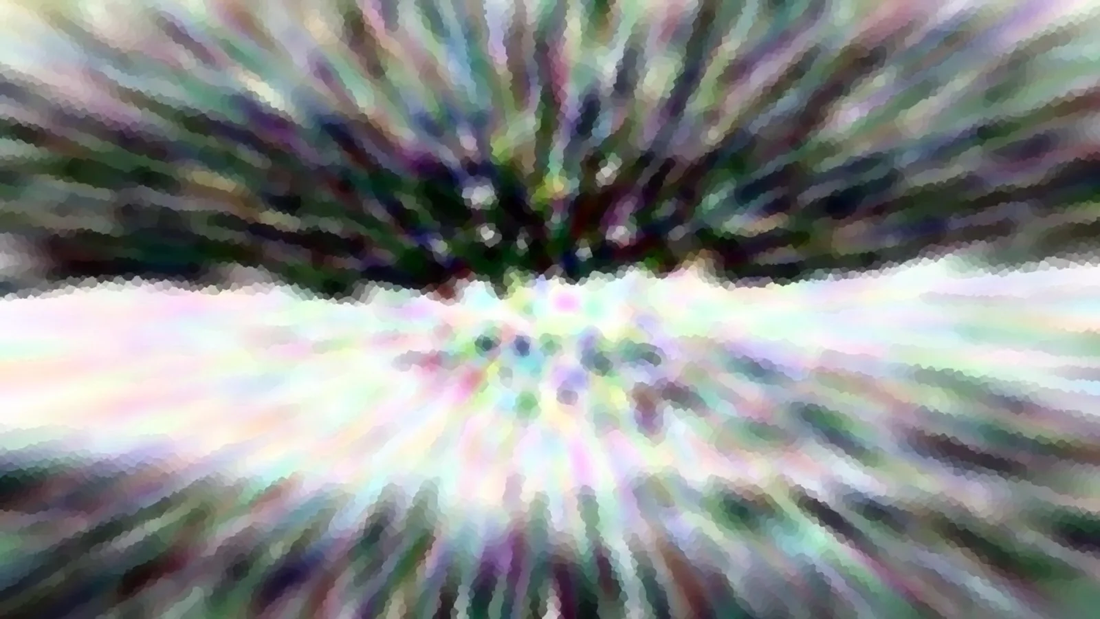 Abstrakte Komposition mit radial von der Mitte ausstrahlenden, bunten Streifen in Grün, Violett und Weiß, die wie ein verwischter Strudel wirken.