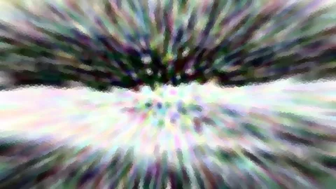 Abstrakte Komposition mit radial von der Mitte ausstrahlenden, bunten Streifen in Grün, Violett und Weiß, die wie ein verwischter Strudel wirken.