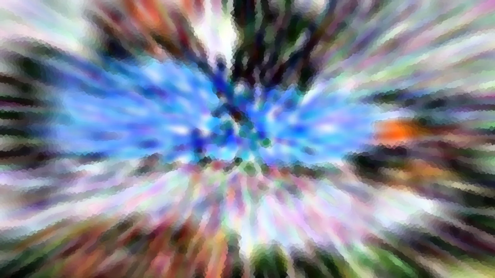 Abstraktes Bild mit radialem Zoomeffekt: bunte Streifen laufen von der Mitte aus nach außen, im Zentrum dominiert helles Blau.