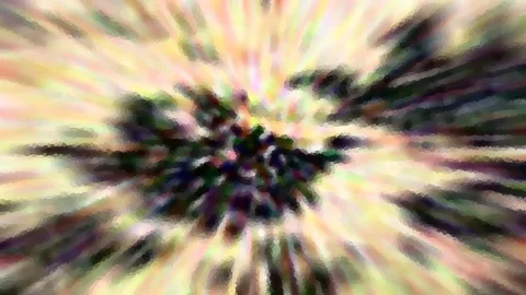 Abstrakte Komposition aus radial verlaufenden, verwischten Streifen in Gelb, Rosa und Grün, mit dunklem, pixelig wirkendem Zentrum.