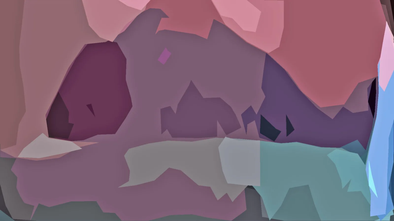 Abstrakte Komposition aus unregelmäßigen flachen Formen in Rosa, Violett, Türkis und Blau.