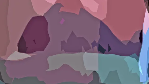 Abstrakte Komposition aus unregelmäßigen flachen Formen in Rosa, Violett, Türkis und Blau.