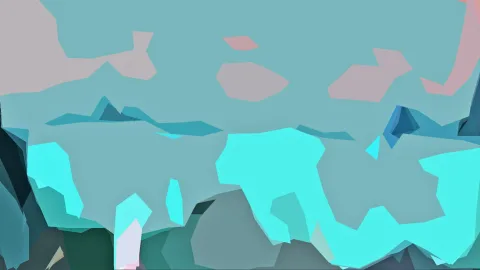 Abstrakte Komposition aus flachen, kantigen Formen in Türkis, Cyan und Blassrosa, unten dunkelgrün durchsetzt.