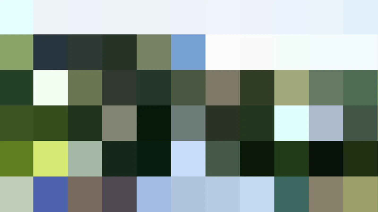 Raster aus quadratischen Farbfeldern in Grün-, Blau-, Grau- und Weißtönen, oben hell, in der Mitte und unten dunkler.