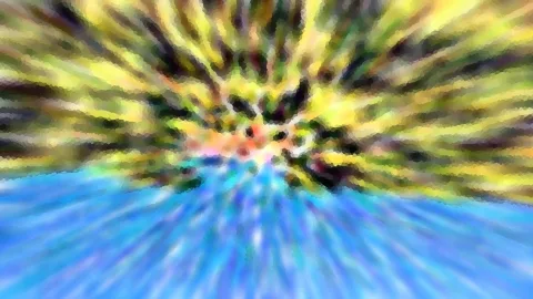 Abstrakte Komposition mit radialer Zoom-Unschärfe: Gelbe und dunkle Streifen laufen von der Mitte nach außen, im unteren Drittel dominiert ein blauer Farbverlauf. Die Kanten wirken mosaikartig gepixelt.