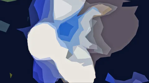 Abstrakte Komposition aus blauen, weißen und grauen Polygonflächen auf dunkelblauem Grund, zur Mitte hin dichter und heller.