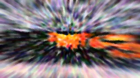 Abstrakte Komposition aus bunten Schlieren, die radial von einem leuchtend orangen Zentrum nach außen laufen, in Lila, Grün und Dunkelblau.