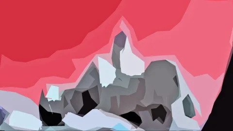 Abstrakte Komposition aus flächigen, kantigen Formen in Rot, Grau und Hellblau, unten graue Felsartige Strukturen mit schwarzen Schatten, oben eine große rote Fläche.