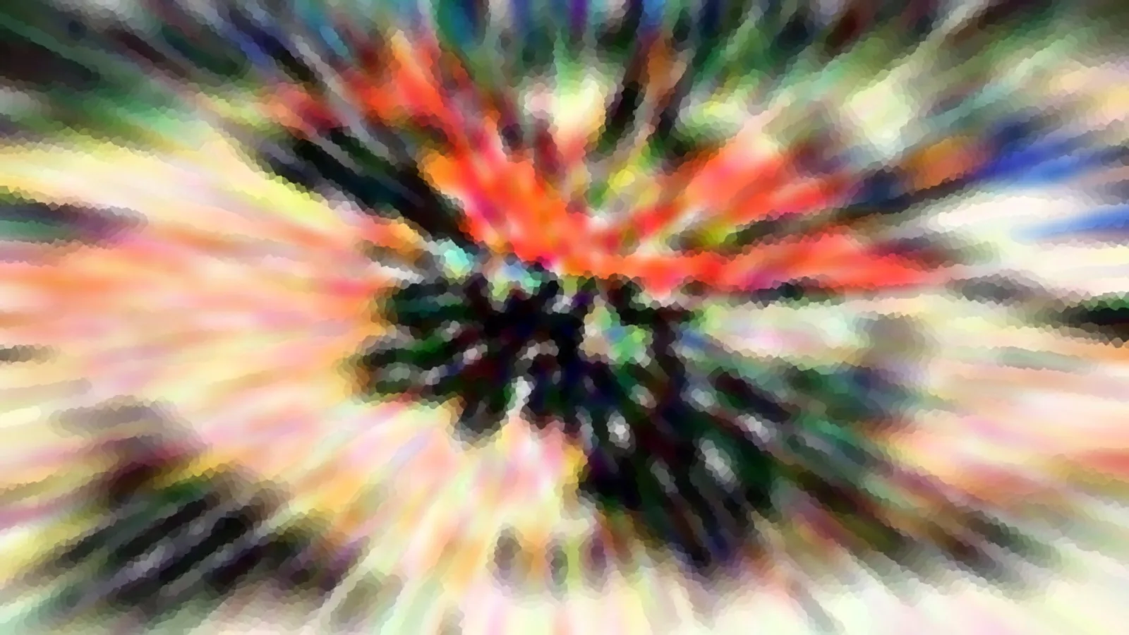 Abstraktes Bild mit radialen, bunten Streifen in Rot, Grün, Gelb und Blau, die von einem dunklen Zentrum nach außen strahlen.