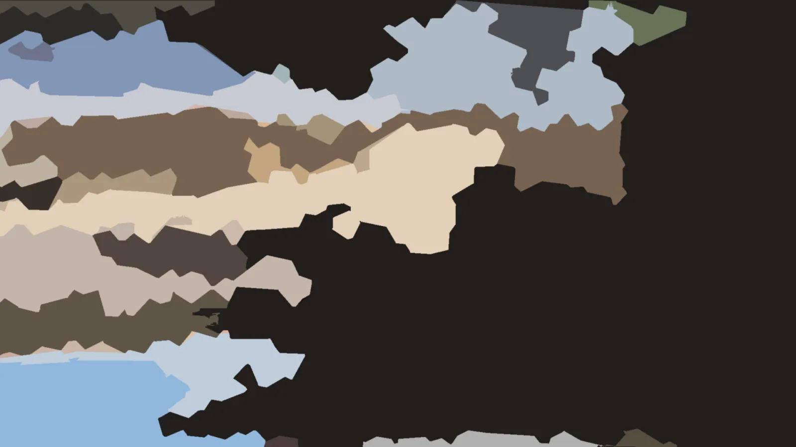 Abstrakte Komposition aus unregelmäßigen Flächen in Braun, Beige und Blau vor schwarzem Hintergrund