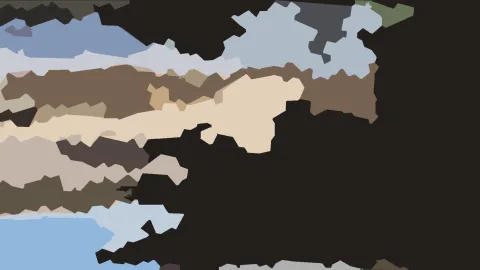 Abstrakte Komposition aus unregelmäßigen Flächen in Braun, Beige und Blau vor schwarzem Hintergrund