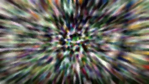 Abstrakte Komposition aus bunten Farbstreifen, die von einem Zentrum nach außen strahlen, mit mosaikartiger Pixelstruktur.