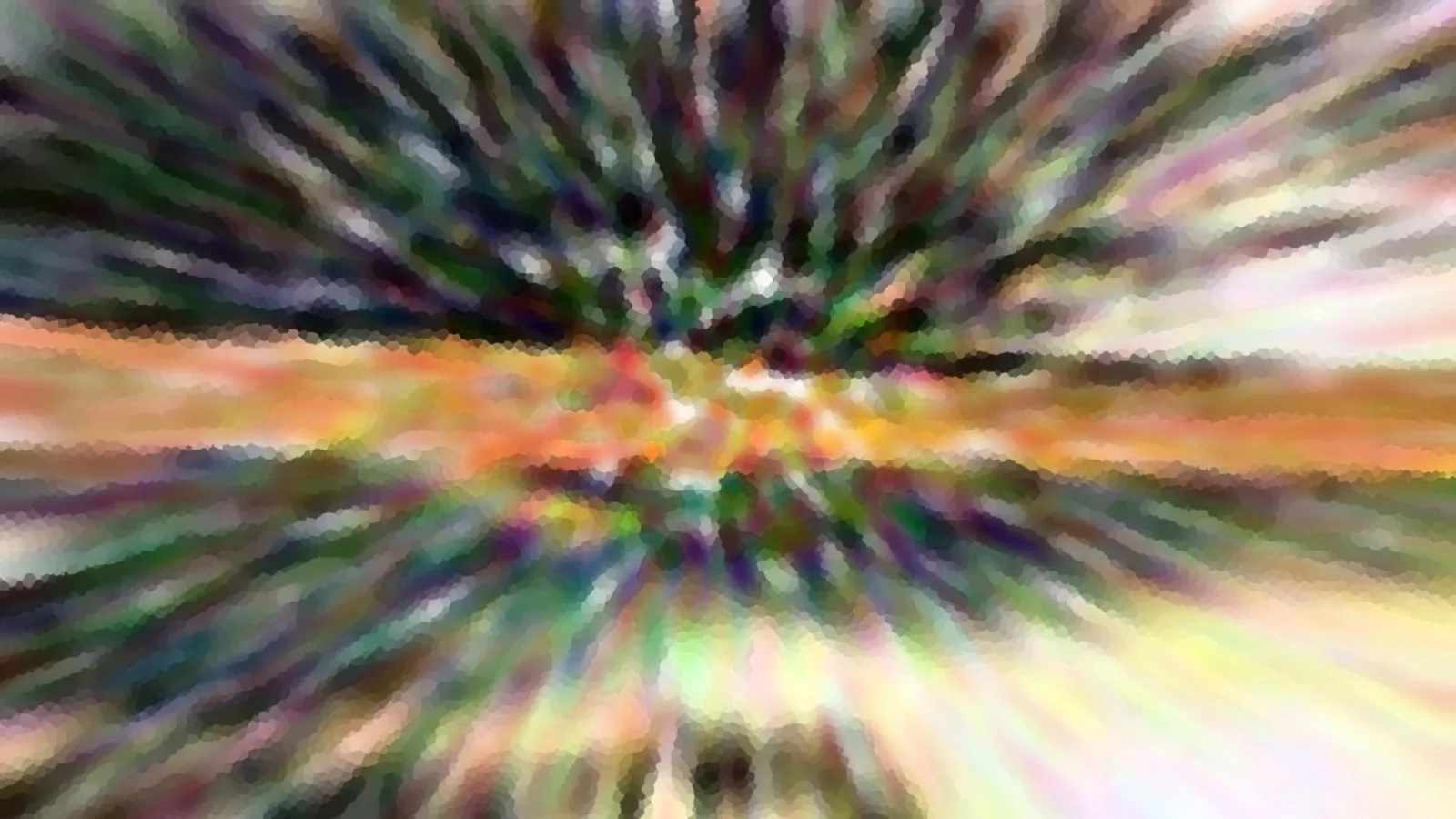 Abstraktes Bild mit radialen Schlieren in Grün, Orange, Violett und Weiß, mosaikartig gepixelt, das Zentrum leuchtet hell.