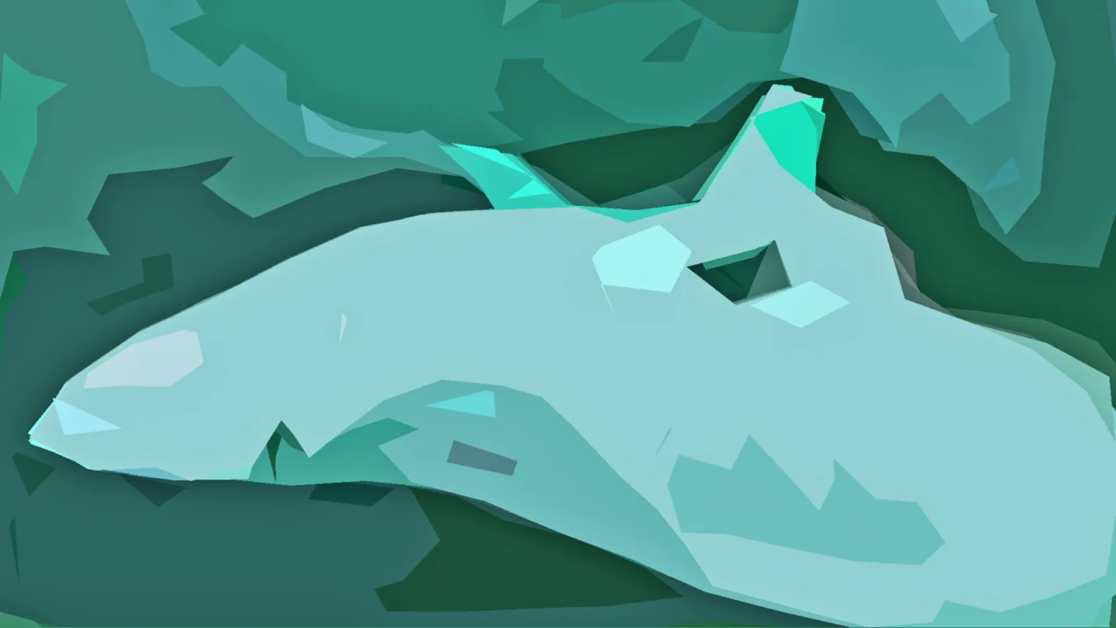 Abstrakte Low-Poly-Grafik in Türkis- und Mintfarben mit einer hellen, länglichen Form in der Mitte.