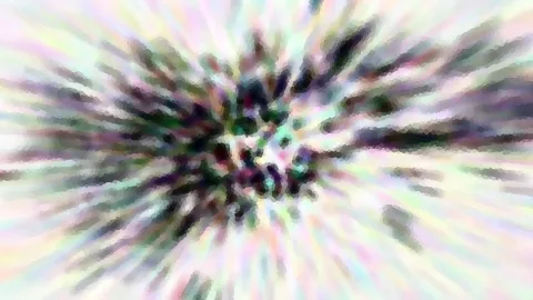 Abstrakte radiale Struktur mit dunklen Schlieren im Zentrum und farbigen Strahlen vor hellem Hintergrund
