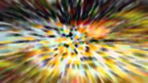 Abstrakte Komposition aus radial verwischten Farbstrahlen in Gelb, Orange, Grün und Dunkelrot, mit mosaikartigen Punkten im Zentrum.