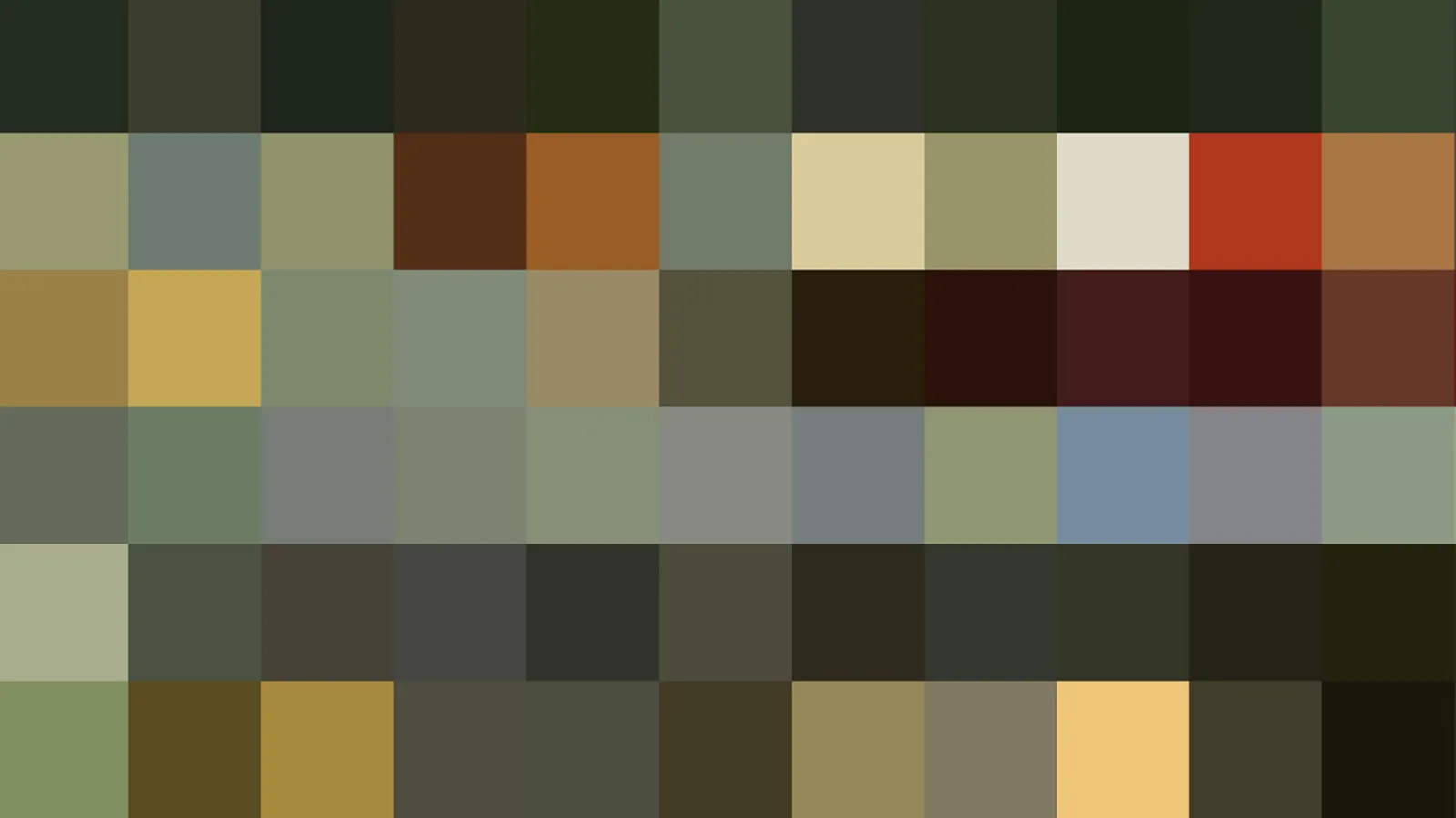 Abstraktes Mosaik aus quadratischen Farbfeldern in Oliv, Grau, Ocker und Dunkelrot.