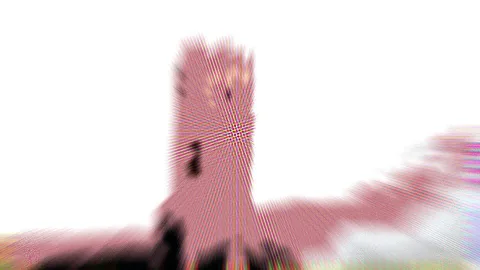 Verschwommene rosafarbene Form mit feinen Moiré-Streifen auf weißem Hintergrund, nach oben ragend, mit dunklen Flecken am unteren Rand.
