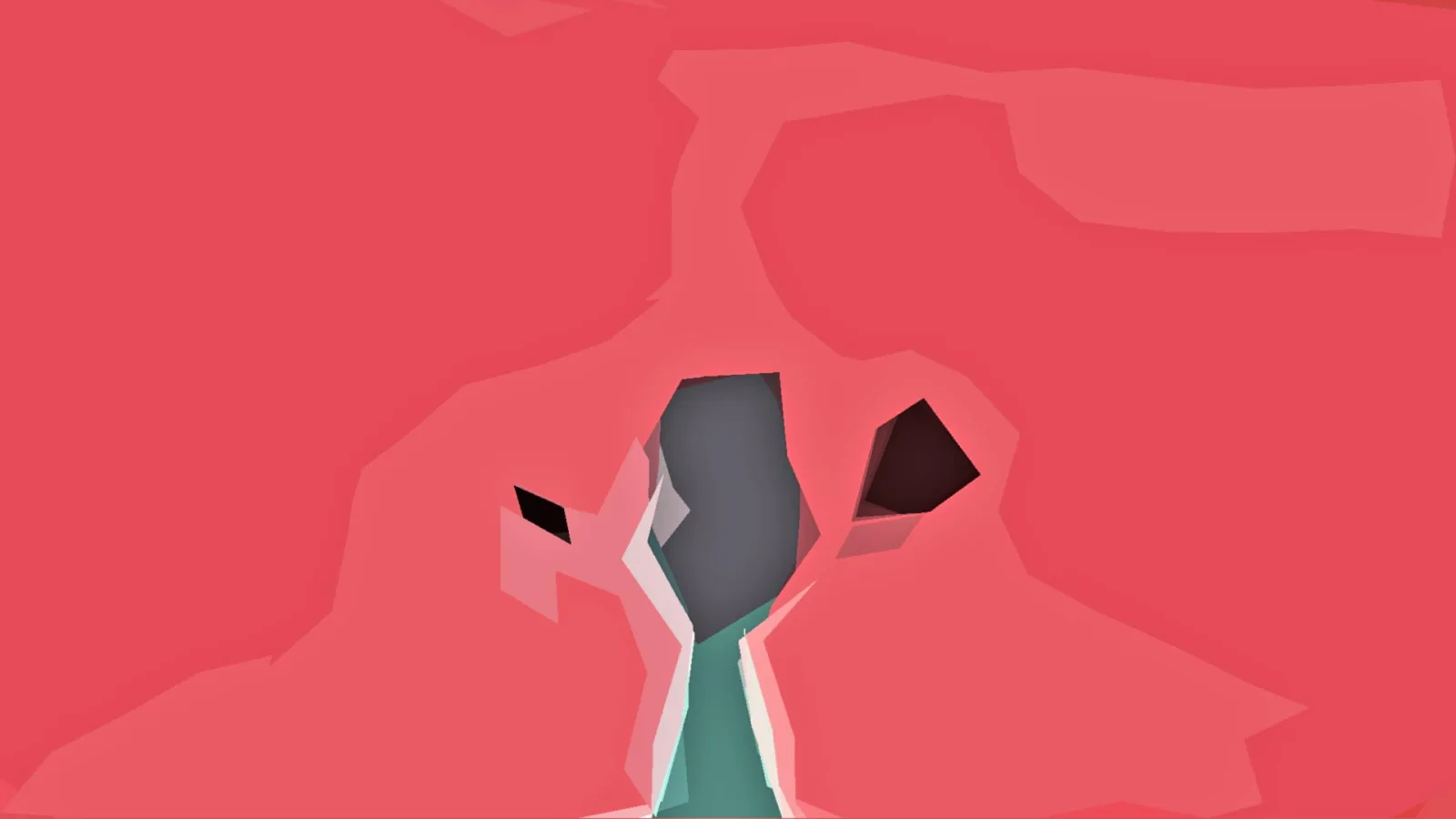 Abstrakte Komposition in Rot mit einer grauen, blockartigen Form, zwei dunklen Flächen als Augen und einer petrolfarbenen Form darunter.
