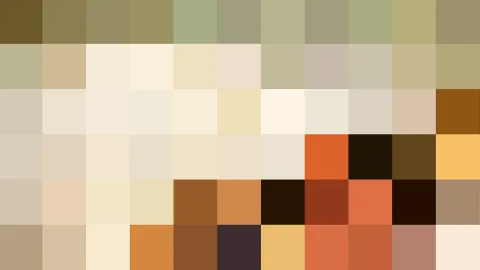 Pixeliertes Mosaik aus Beige-, Braun-, Oliv- und Orangetönen in einem Raster aus Quadraten, ohne erkennbares Motiv.
