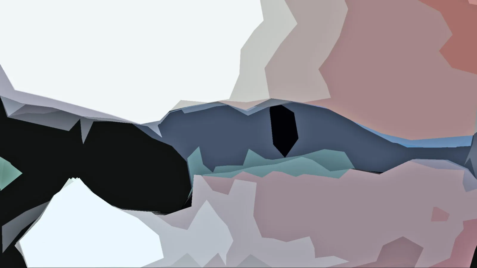 Abstrakte Komposition aus kantigen Flächen in Weiß, Graublau, Schwarz, Rosa und Türkis, mittig eine dunkle, ovale Form.