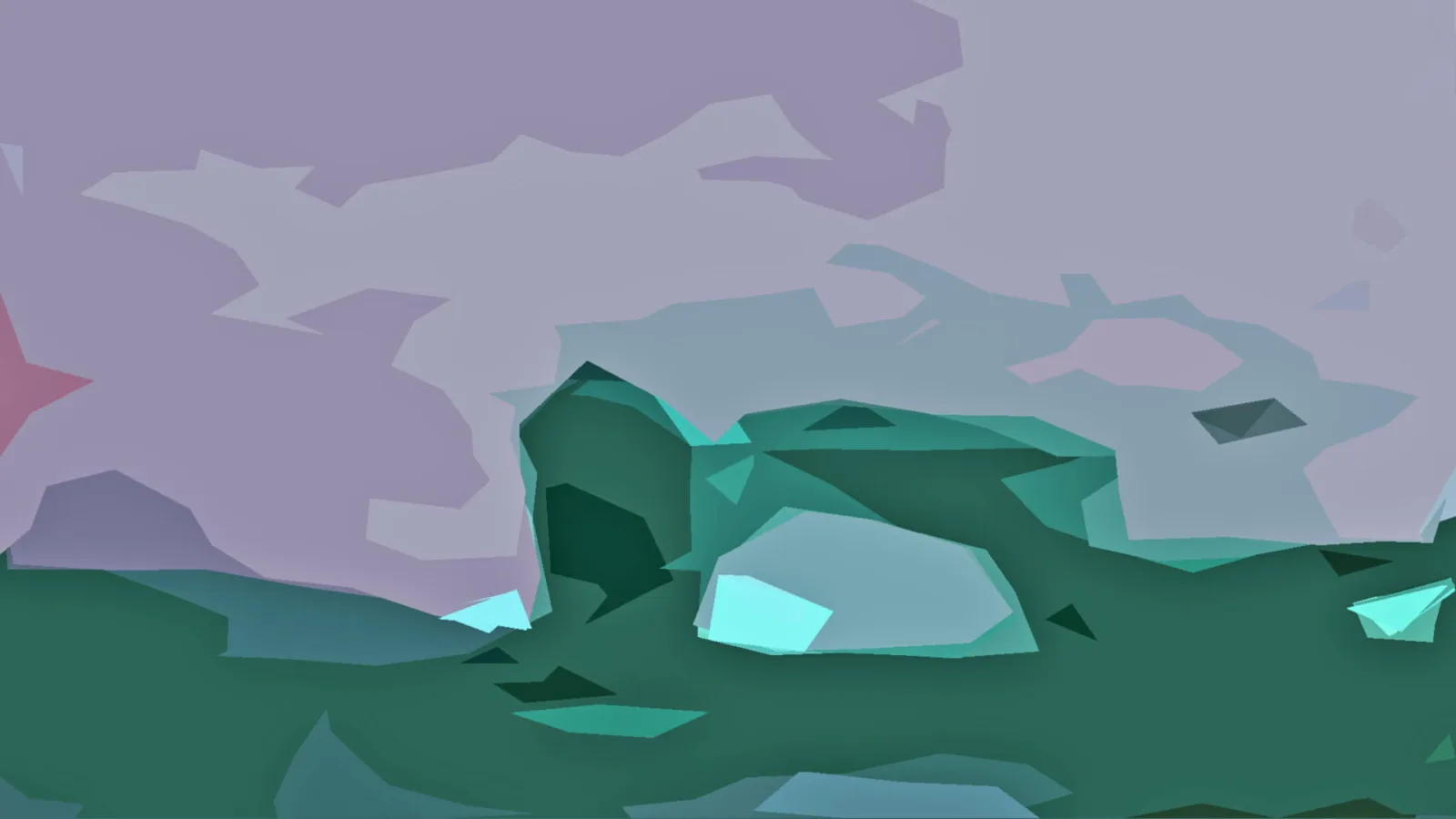 Abstrakte Landschaft mit lila Himmel, dunkelgrünen Polygonen und türkisen Lichtakzenten
