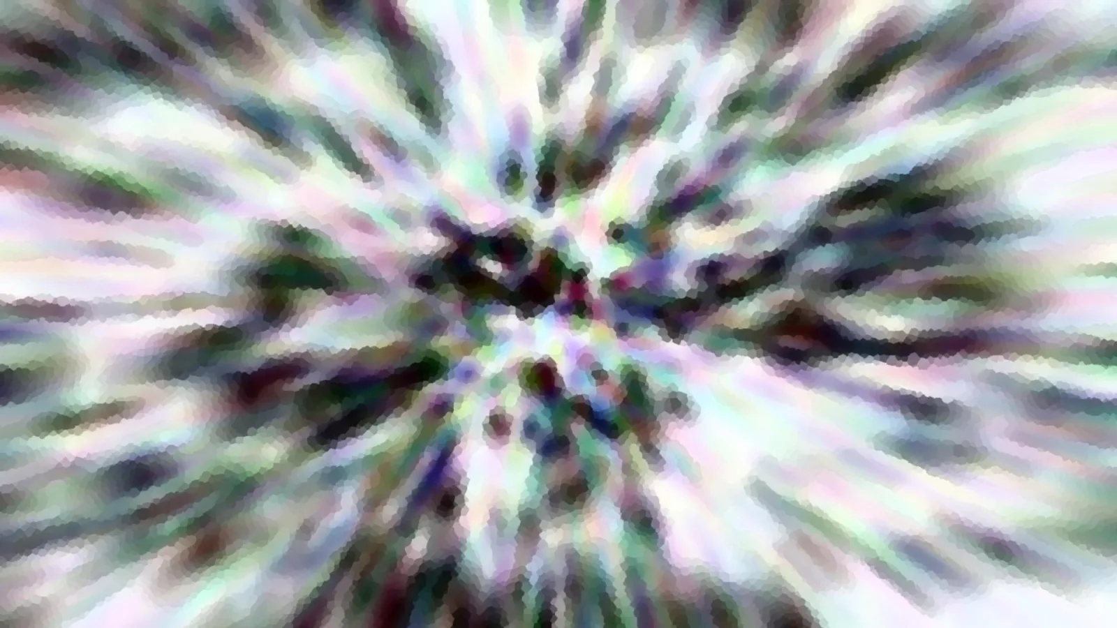 Abstrakte Komposition aus radial von der Mitte nach außen laufenden, verwischten Streifen in Grün, Weiß, Violett und Schwarz.