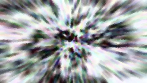 Abstrakte Komposition aus radial von der Mitte nach außen laufenden, verwischten Streifen in Grün, Weiß, Violett und Schwarz.