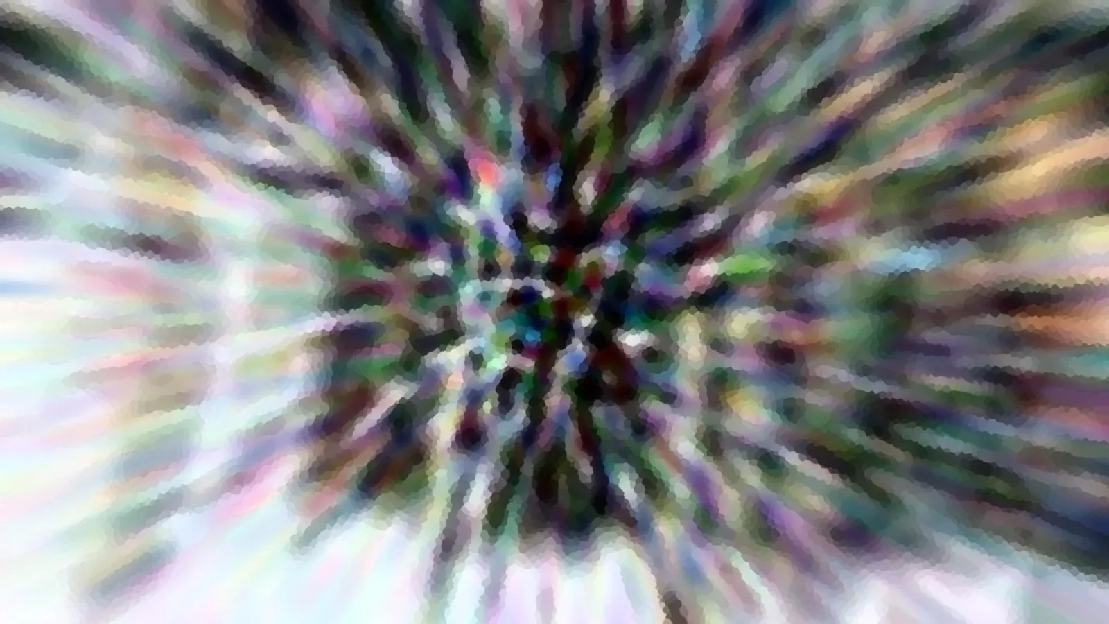 Abstrakte, bunte Streifen in Grün, Violett und Weiß laufen radial von einer dunkleren Mitte nach außen, pixelig verwaschen.