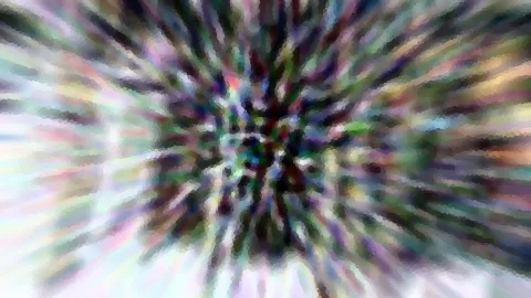 Abstrakte, bunte Streifen in Grün, Violett und Weiß laufen radial von einer dunkleren Mitte nach außen, pixelig verwaschen.