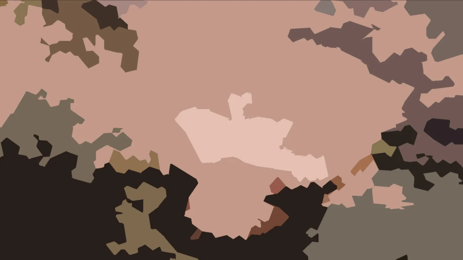Abstraktes Bild mit organischen, zackigen Flächen in Rosa, Braun, Dunkelbraun und Olivgrün, in der Mitte eine helle, hellrosa Form.
