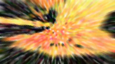 Abstrakte Komposition aus orangefarbenen, gelben und dunkelgrünen Streifen, die von einem hellen Zentrum nach außen laufen, grob gepixelt und stark verwischt.