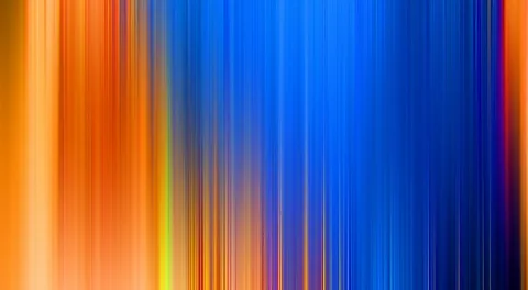 Abstrakte Komposition aus senkrechten, verwischten Linien, links orange und gelb, rechts tiefblau und dunkelblau, mit einzelnen roten Akzenten am rechten Rand.
