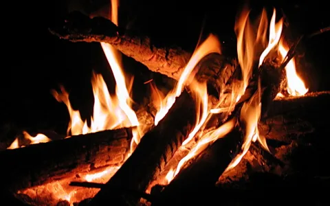 Lagerfeuer in der Dunkelheit: orangefarbene Flammen züngeln über angekohlte Holzscheite, der Hintergrund ist schwarz.